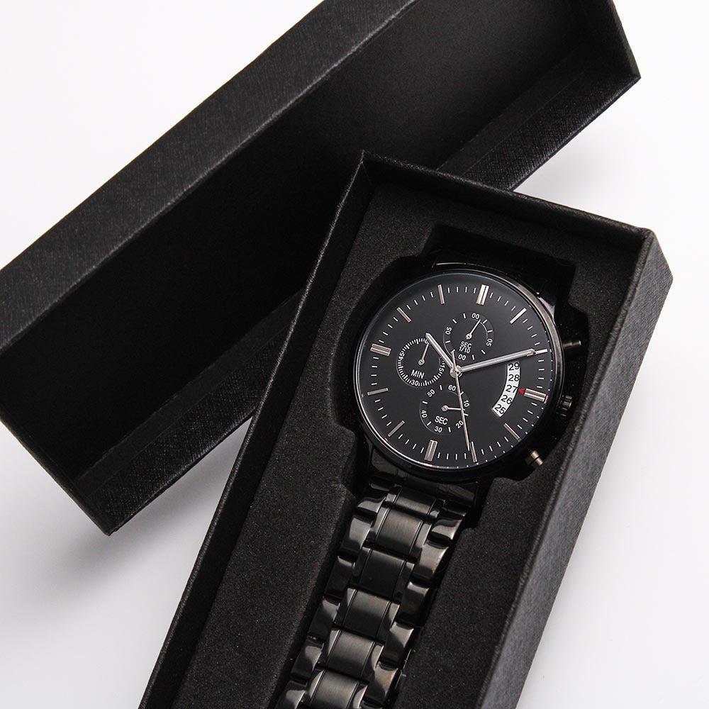 Montre chronographe Noire Design gravé